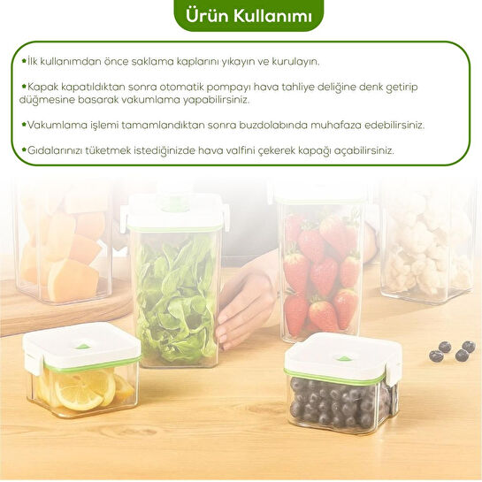 Vienev 8'li Vakumlu Saklama Kabı Seti | 1x(2 Lt-1,3 Lt) 2x(0,5 Lt) Kap + Şarjlı Pompa + 3x Vakumlu Poşet