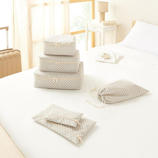 Ocean Home Textile 6'lı Yıkanabilir Gri Dama Desen Pamuklu Bavul İçi Düzenleyici Set