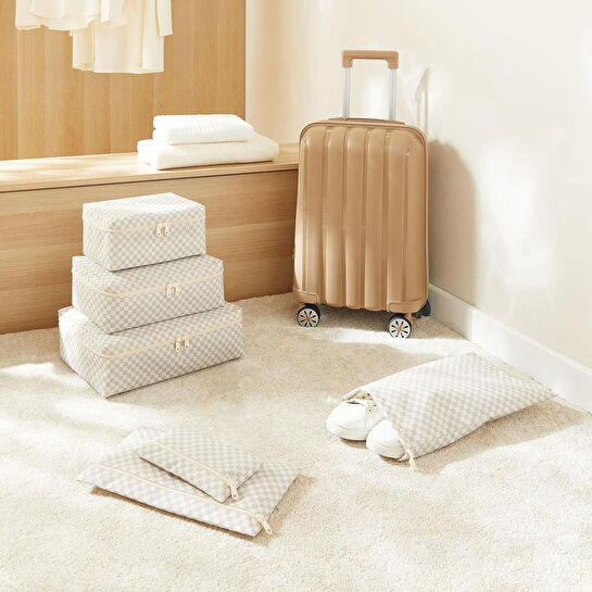 Ocean Home Textile 6'lı Yıkanabilir Gri Dama Desen Pamuklu Bavul İçi Düzenleyici Set