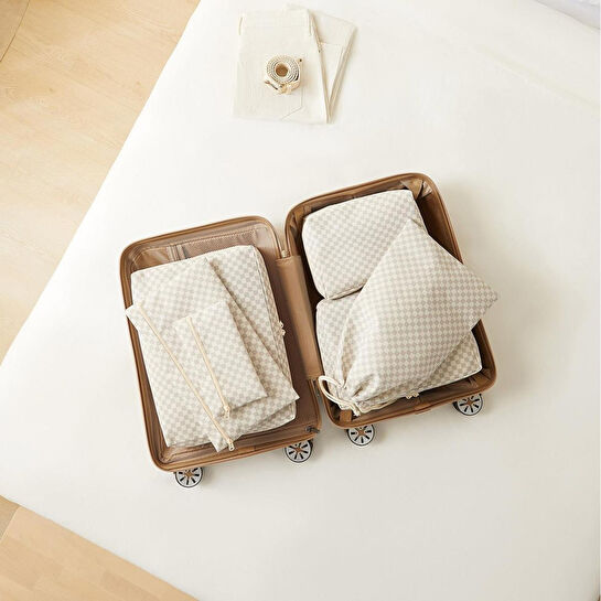 Ocean Home Textile 6'lı Yıkanabilir Gri Dama Desen Pamuklu Bavul İçi Düzenleyici Set