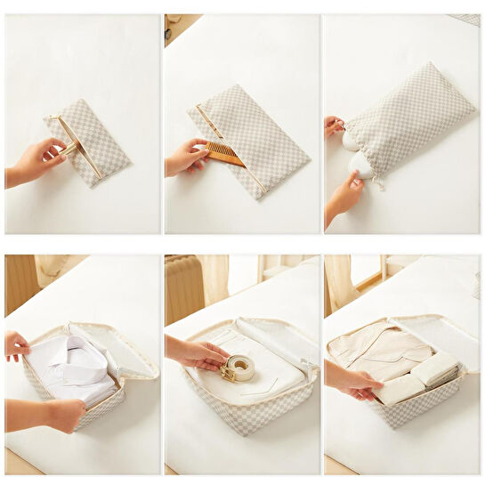 Ocean Home Textile 6'lı Yıkanabilir Gri Dama Desen Pamuklu Bavul İçi Düzenleyici Set