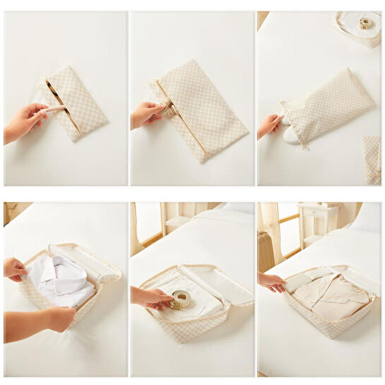 Ocean Home Textile 6'lı Yıkanabilir Bej Dama Desen Pamuklu Bavul İçi Düzenleyici Set