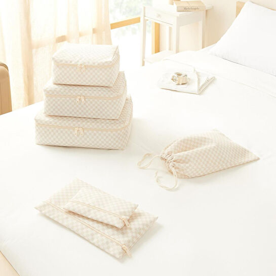 Ocean Home Textile 6'lı Yıkanabilir Bej Dama Desen Pamuklu Bavul İçi Düzenleyici Set