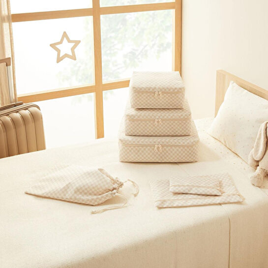 Ocean Home Textile 6'lı Yıkanabilir Bej Dama Desen Pamuklu Bavul İçi Düzenleyici Set