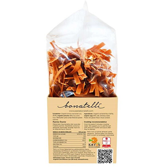 Bonatelli Organik Kırmızı Mercimek Çubuk Makarna 400 G