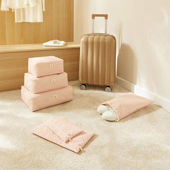 Ocean Home Textile 6'lı Pembe Dama Desen Pamuklu Bavul İçi Düzenleyici Set