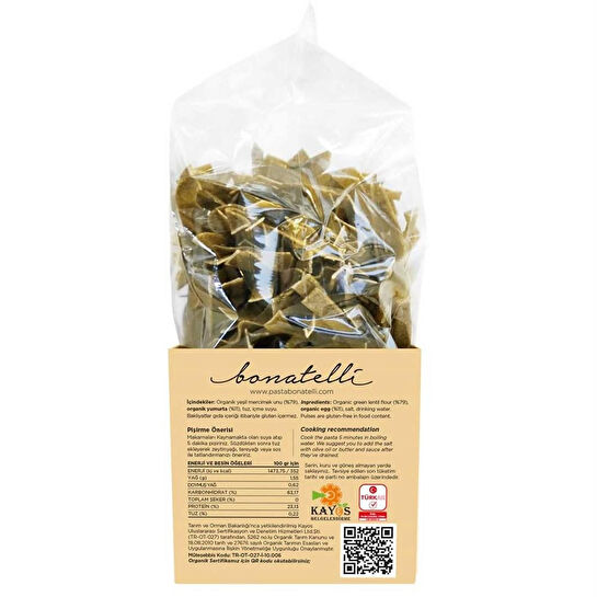 Bonatelli Organik Yeşil Mercimek Çubuk Makarna 400 G