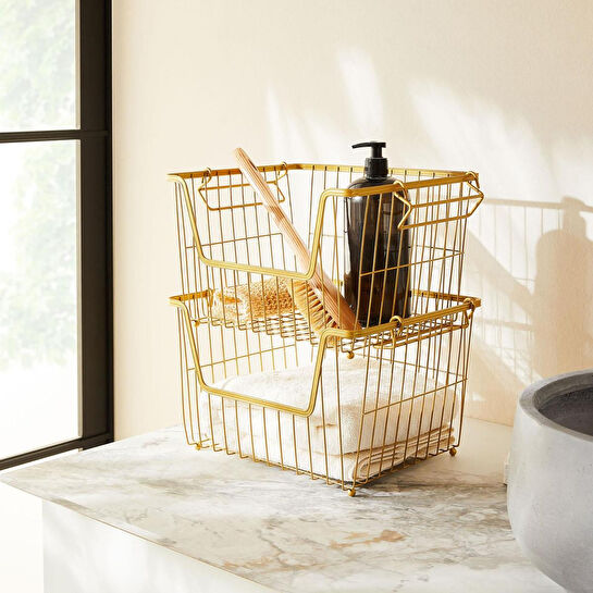 Ocean Home Textile 2'li Altın Renk Metal Sepet Set 33 X 27 X 20 Cm