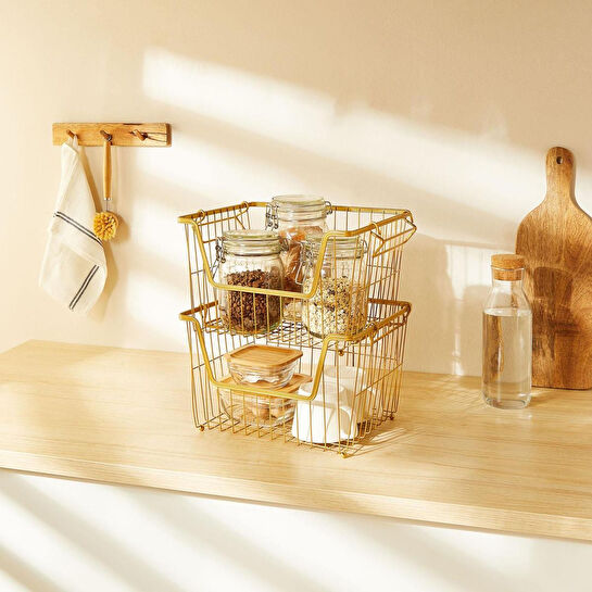 Ocean Home Textile 2'li Altın Renk Metal Sepet Set 33 X 27 X 20 Cm