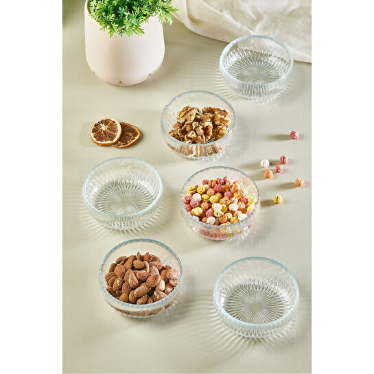 Lora Bianca Olivya 6 Parça Cam Çerez - Sos - Lokum Mini Sunum Kasesi - 11 Cm Beyaz