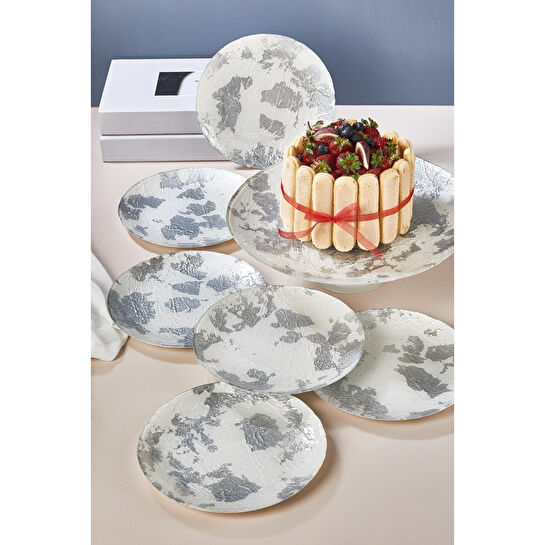Lora Bianca Marmo Beyaz-gümüş 7 Parça Pasta/kek/tatlı Sunum Tabağı Seti