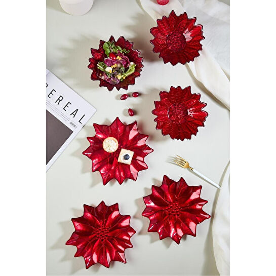 Lora Bianca Kırmızı Poinsettia Cam Tabak & Kase Seti - 3 Adet Tabak - 3 Adet Kase Kırmızı