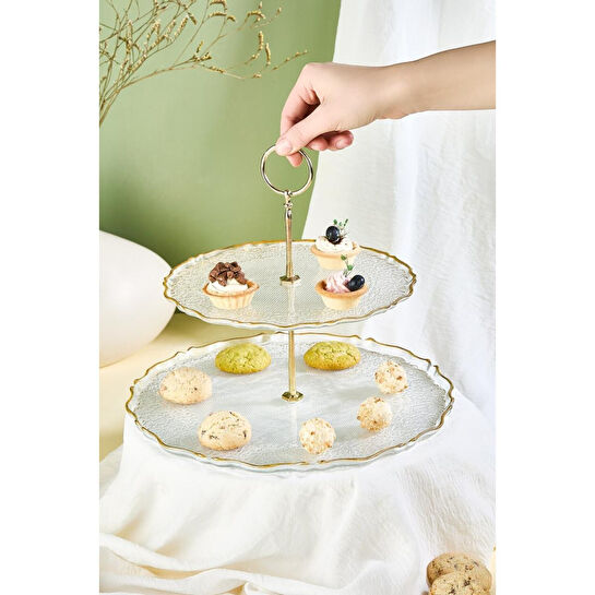 Lora Bianca Goblen 2 Katlı Pasta/kurabiyelik/şekerlik Sunum Standı Şeffaf