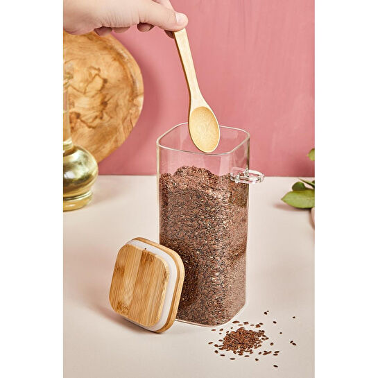 Lora Bianca Kapaklı Ve Kaşıklı Cam Kavanoz/saklama Kabı - 18 Cm Beyaz