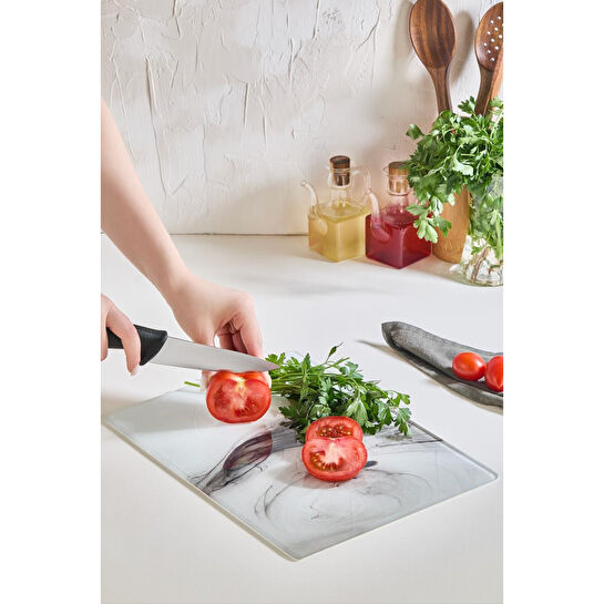 Lora Bianca Marble Cam Kesme Tahtası - 25x35 - Isıya Dayanıklı Kırılmaz Kesme Tahtası Beyaz