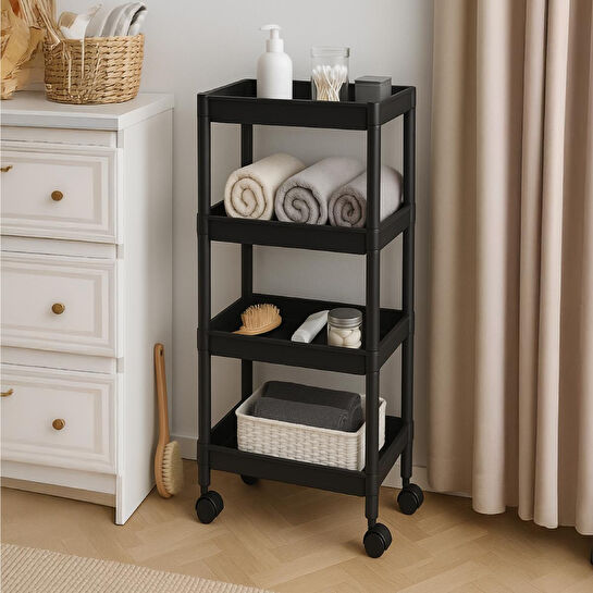 Vienev 4 Katlı Tekerlekli Çok Amaçlı Mutfak Ve Banyo Rafı Siyah
