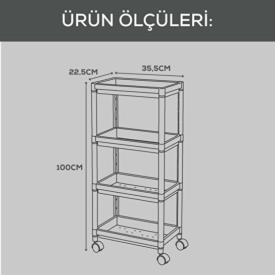 Vienev 4 Katlı Tekerlekli Çok Amaçlı Mutfak Ve Banyo Rafı Siyah