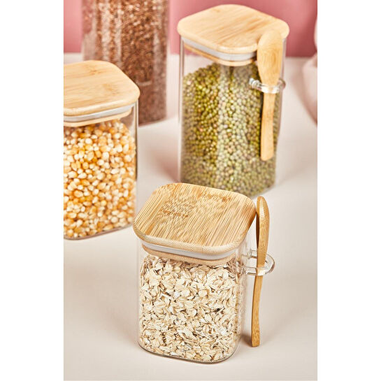 Lora Bianca 4' Lü Bambu Vakumlu Kapaklı & Kaşıklı Cam Kavanoz - Erzak/bakliyat Saklama Kabı Seti Beyaz