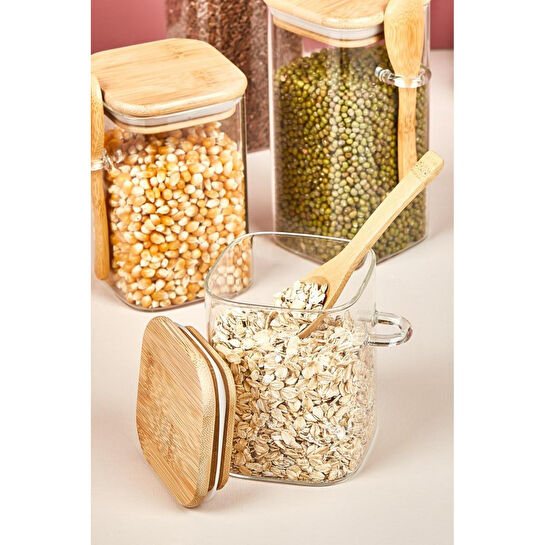 Lora Bianca 4' Lü Bambu Vakumlu Kapaklı & Kaşıklı Cam Kavanoz - Erzak/bakliyat Saklama Kabı Seti Beyaz