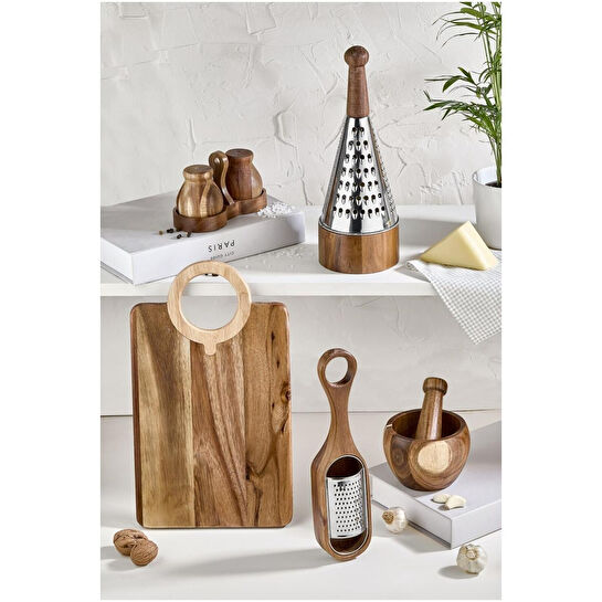 Lora Bianca 5 Parça Akasya Ahşap Set - Dik Rende, Havan, Sarımsak Rendesi, Kesme Tahtası Ve Tuzluk Biberlik Kahverengi