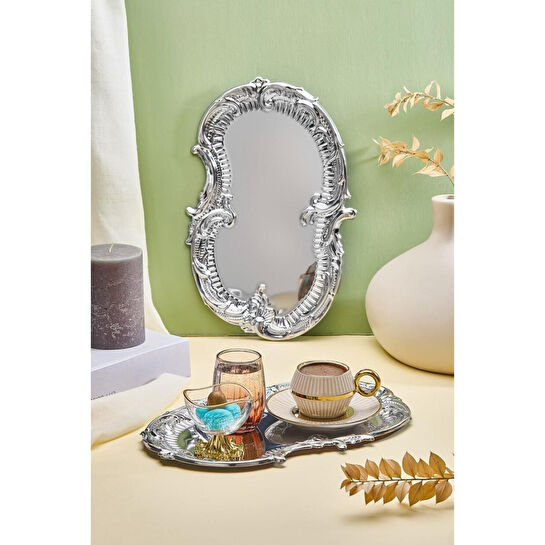 Lora Bianca Desenli Paslanmaz Çelik 6’lı Gümüş Kahve, Çay, Dekoratif Sunum Servis Nişan Tepsisi Gümüş