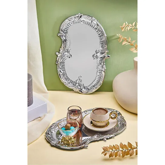 Lora Bianca Desenli Paslanmaz Çelik 6’lı Gümüş Kahve, Çay, Dekoratif Sunum Servis Nişan Tepsisi Gümüş