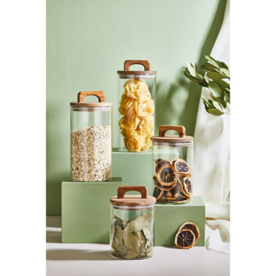 Lora Bianca 4' Lü Vakumlu Akasya Ahşap Kapaklı Cam Kavanoz - Erzak/bakliyat Saklama Kabı Seti Beyaz