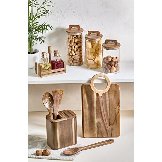 Lora Bianca 11 Parça Tezgah Üstü Akasya Ahşap Set - Kesme Tahtası, Yağdanlık, Kavanoz, Kaşıklık Ve Kaşık Seti Kahverengi
