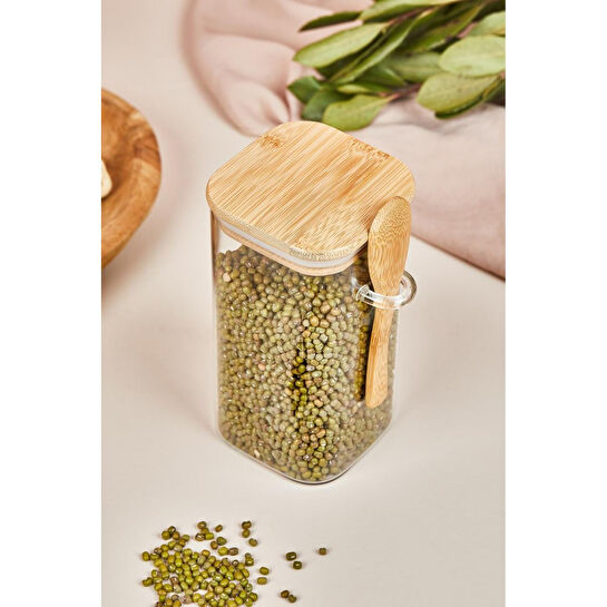 Lora Bianca Kapaklı Ve Kaşıklı Cam Kavanoz/saklama Kabı - 15 Cm Beyaz