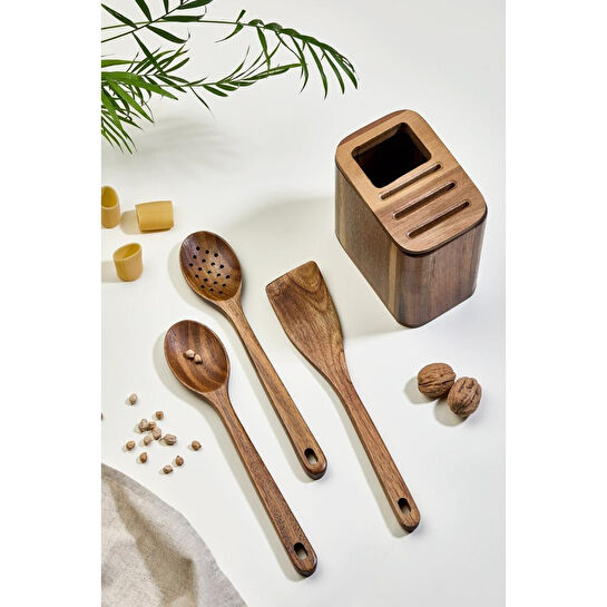 Lora Bianca Akasya Ahşap Tezgah Üstü Kaşıklık - Bıçaklık Düzenleyici Ve Kaşık Seti Kahverengi