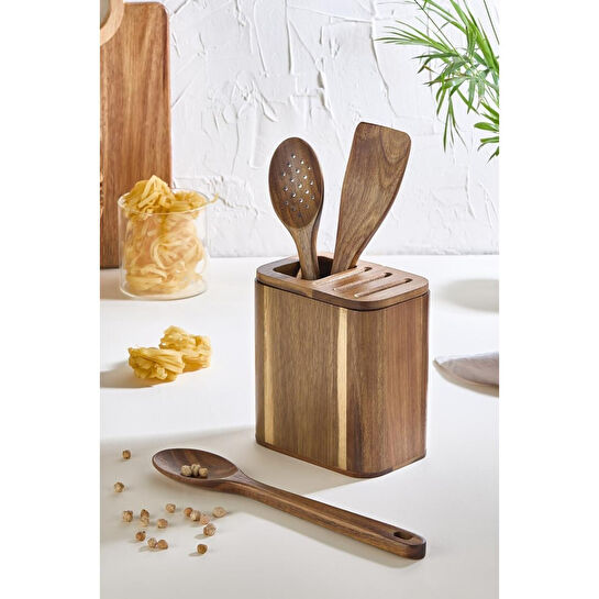 Lora Bianca Akasya Ahşap Tezgah Üstü Kaşıklık - Bıçaklık Düzenleyici Ve Kaşık Seti Kahverengi