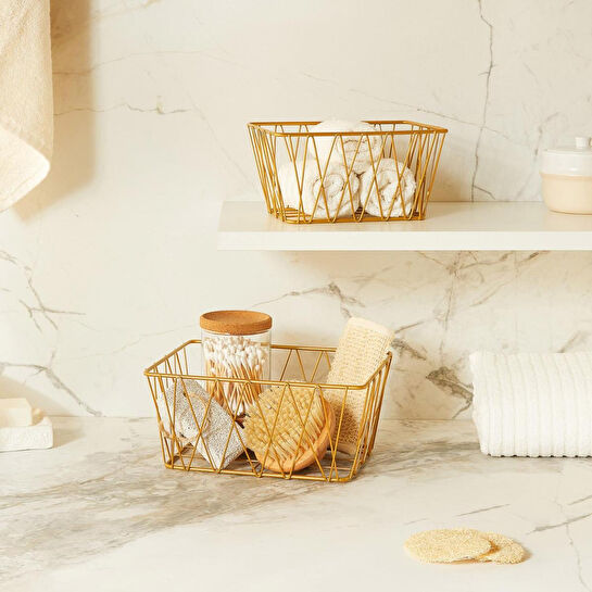 Ocean Home Textile 2'li Altın Renk Metal Sepet Set 25 X 18.5 X 10.5 / 20.5 X 15.5 X 10 Cm