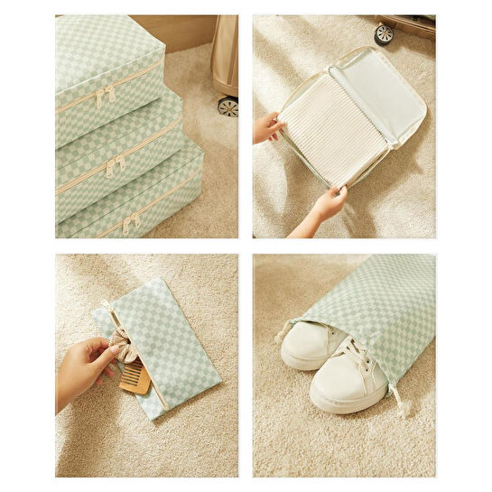 Ocean Home Textile 6'lı Mint Dama Desen Pamuklu Bavul İçi Düzenleyici Set