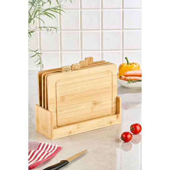 Lora Bianca Bambu 4' Lü Standlı Ahşap Kesme Tahtası Seti Kahverengi