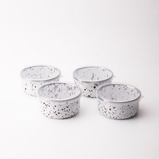 Emaylab Speckles Emaye 4’lü Kapaklı Çerezlik, Kahvaltılık, Reçellik, Zeytinlik, Sunumluk Seti 8cm 200 Ml