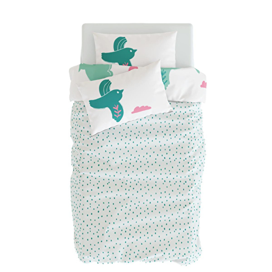 Itsy Bitsy Kids Bird Of Life Çift Taraflı Pamuk Saten Mint Yeşili Bebek Nevresim Seti 100x150cm