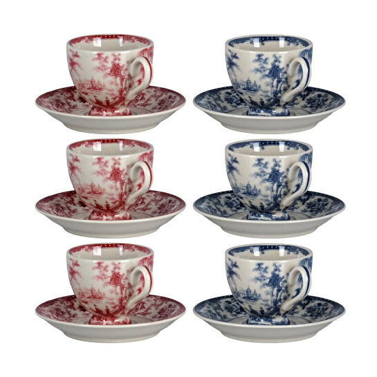 Lucky Art Florantine 6li Ayakli Kahve Fincani Seti Kirmizi-mavi