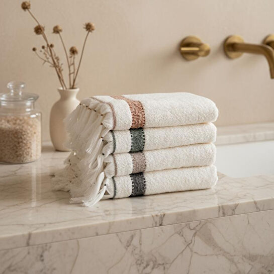 Green Black Galya 4'lü El Yüz Havlusu %100 Organik Kapok Bordürlü 50x90 Cm