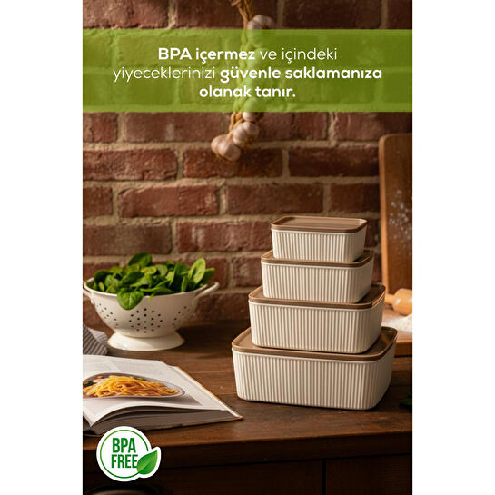 Vienev 4'lü Dikdörtgen Saklama Kabı Seti Bej | 2.5l 1.5l 0.80l 0.45l | Mikrodalga Ve Dondurucu Uyumlu