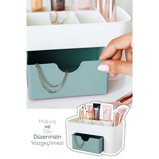 Vienev 7 Bölmeli Çekmeceli Makyaj Takı Organizeri - Masaüstü Düzenleyici Mint Şeffaf