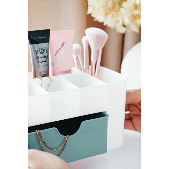Vienev 7 Bölmeli Çekmeceli Makyaj Takı Organizeri - Masaüstü Düzenleyici Mint Şeffaf
