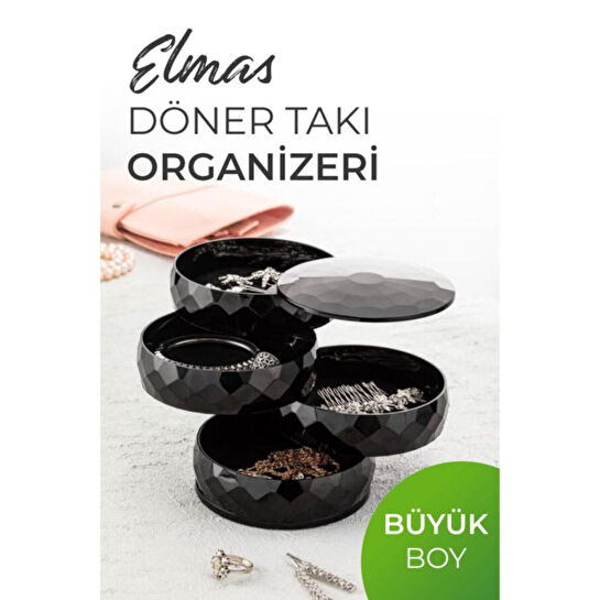 Vienev Elmas 4 Katlı Dönebilen Silindir Takı Organizeri Siyah