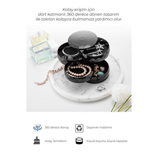 Vienev Elmas 4 Katlı Dönebilen Silindir Takı Organizeri Siyah