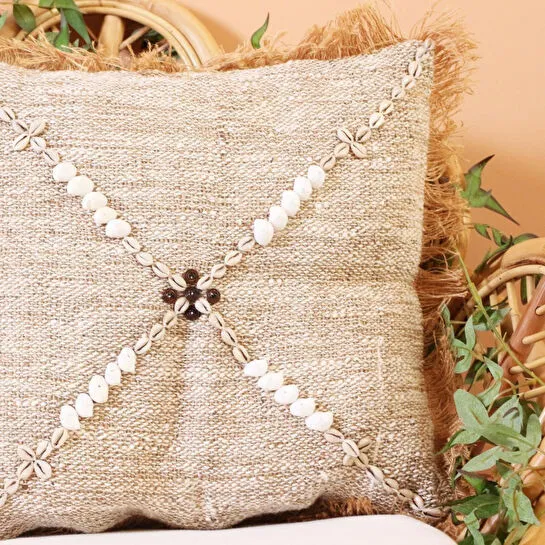 Mylamp Boho Deniz Kabuklu Doğal Keten Kırlent Kılıfı