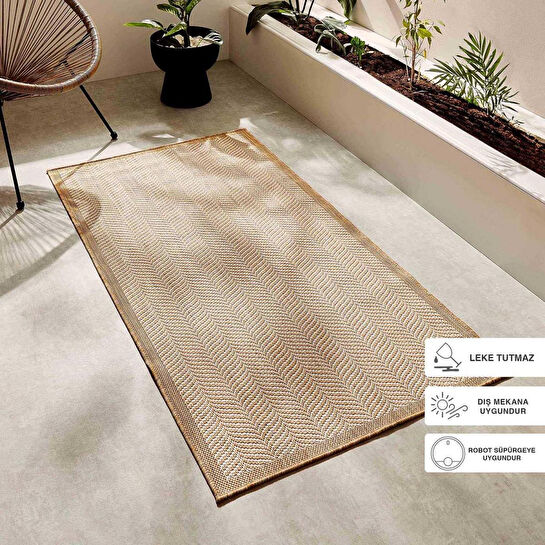 Ocean Home Textile Leke Tutmaz İç Dış Mekan Bej Renk Balıksırtı Halı Kilim 80 X 150 Cm