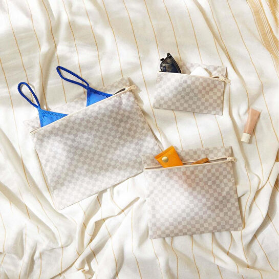 Ocean Home Textile 3'lü Su Geçirmez Pvc Astarlı Gri Dama Desen Islak Kuru Çantası 20 X 13 / 24 X 20 / 30 X 24 Cm