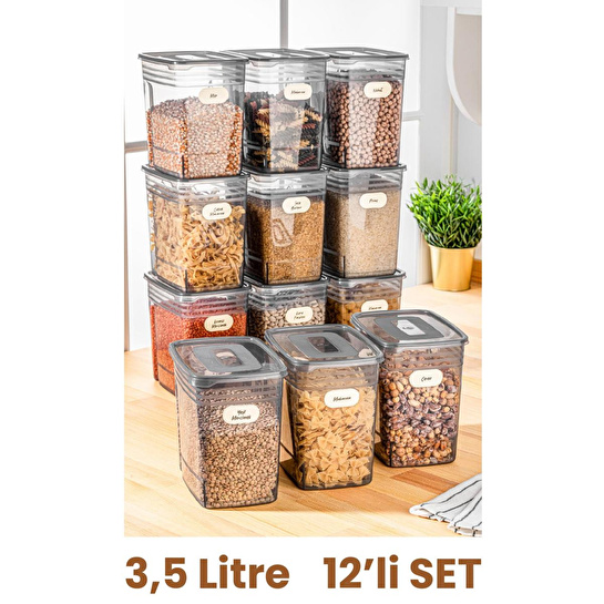 Vienev Büyük Boy Etiketli Strip Erzak Saklama Kabı 3,5 Litre 12li Set Antrasit