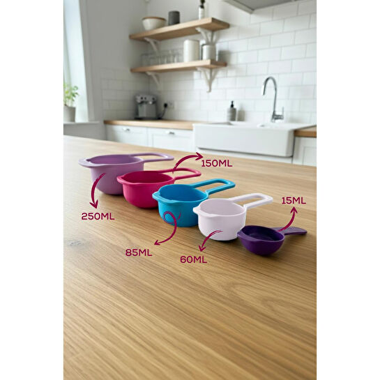 Vienev 5’li Renkli Ölçü Kaşığı Seti Pastel Renkli – (15-60-85-150-250 Ml) | Mutfak Ölçü Seti