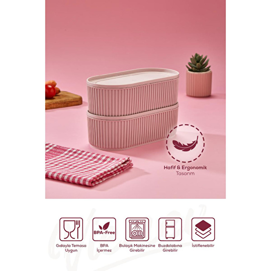 Vienev 2'li Elastik Bantlı İstiflenebilir Pratik Saklama Kabı Seti 2x(1100 Ml) Pembe