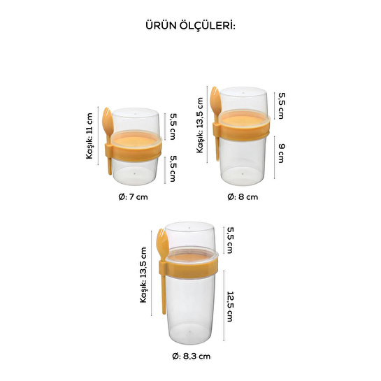 Vienev 3'lü Set Çatallı Kaşık Hazırla Ve Çık Meyveli Yoğurt Kabı - Öğün Kabı Sarı